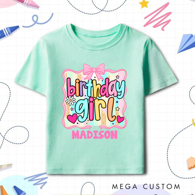 Personalized Birthday Girl Kids T-Shirt with Bright Colors and Fun Bow Design for Celebratory Style