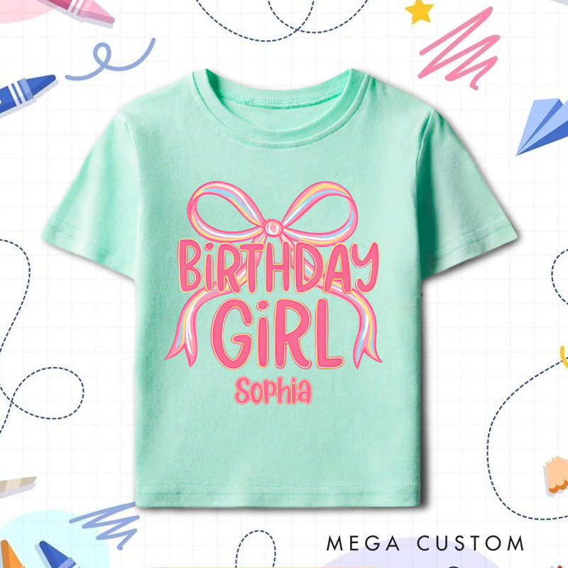 Personalized Birthday Girl Kids T-Shirt with Pink Bow and Bold Lettering for a Stylish Celebration