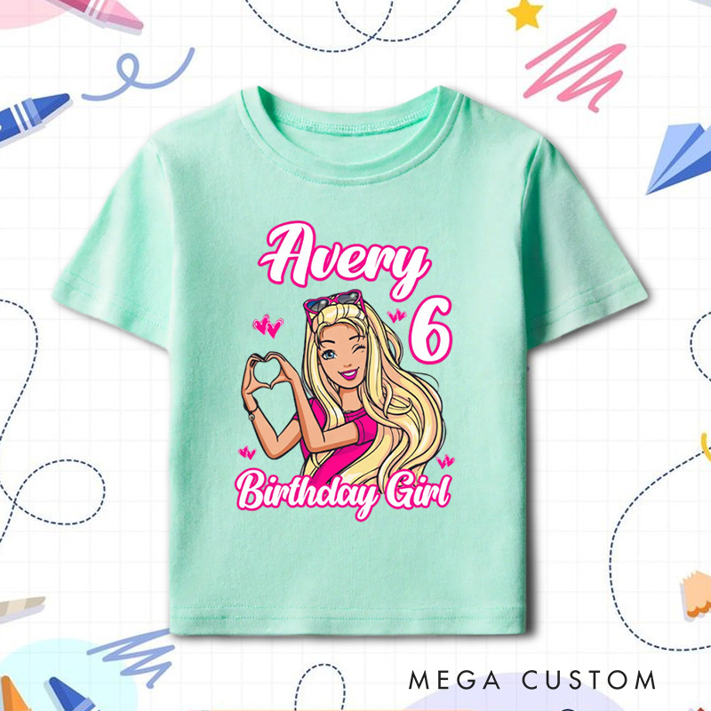 Personalized Birthday Girl Kids T-Shirt with Pink Princess Theme and Name for a Magical Birthday