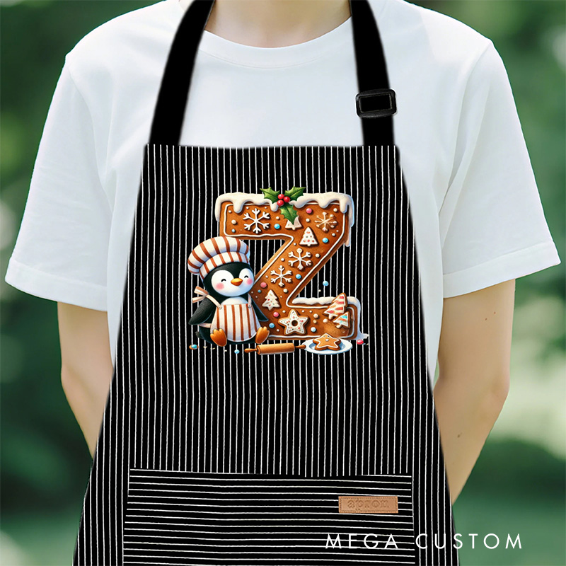 Personalized Christmas Penguin Biscuit Initial Kid Adult Baking Apron with Name and Front Pocket Birthday Christmas Gift for Kids Family