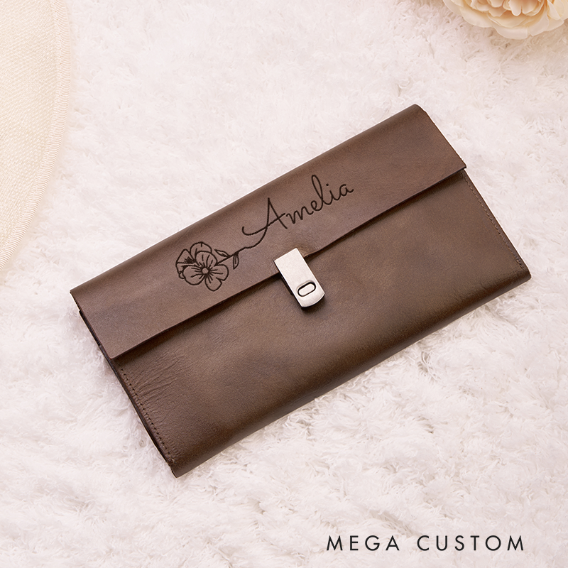 Personalized Birth Flower Leather Wallet Engraved Women Leather Wallet Leather Gift for Her Unique Gift for Her Birthday Gifts
