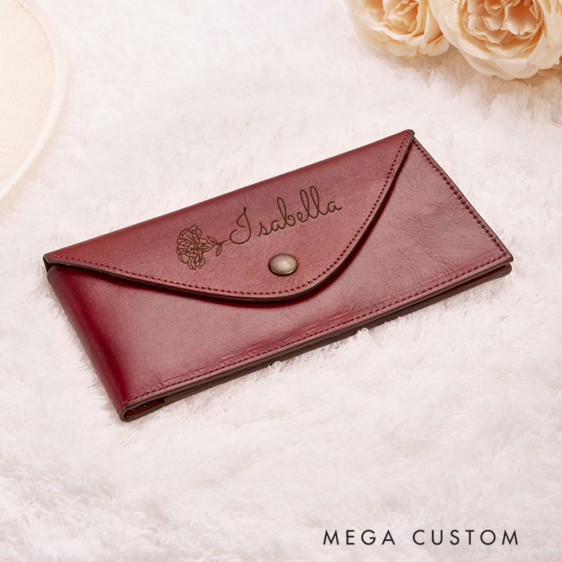 Personalized Leather Wallet for Women Birth Flower Women Wallet Engraved Leather Wallet Leather Purse Birth Flower Monogram Wallet Women's Purse Gift For Her Gift For Mother Birthday Gift