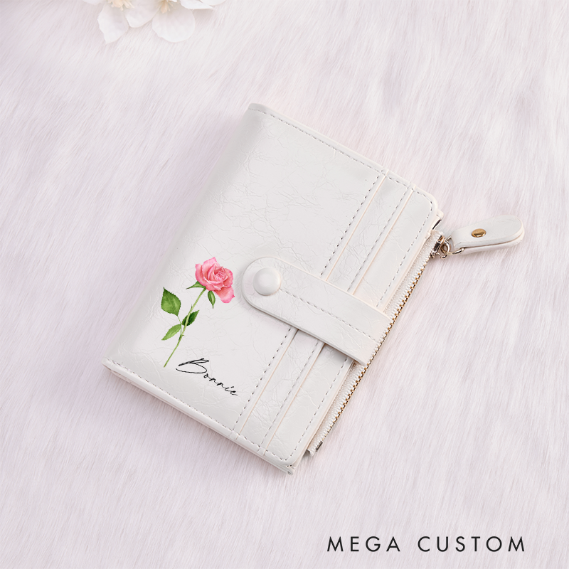 Personalized Leather Wallet for Girl Birth Flower Wallet for Her Purse Wallet Minimalist Wallet Cute wallet Unique Gift for Her Birthday Gifts