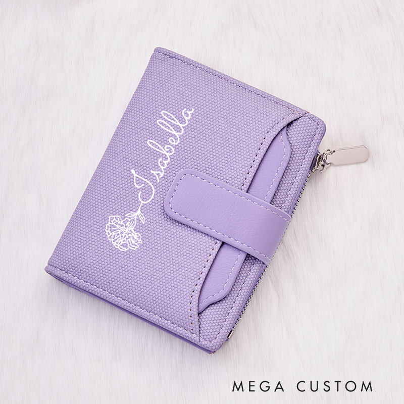 Personalized Leather Wallet for Girl Birth Flower Wallet for Her Zipper Wallet Purse Wallet Cute wallet Women's Purse Unique Gift for Her Birthday Gifts
