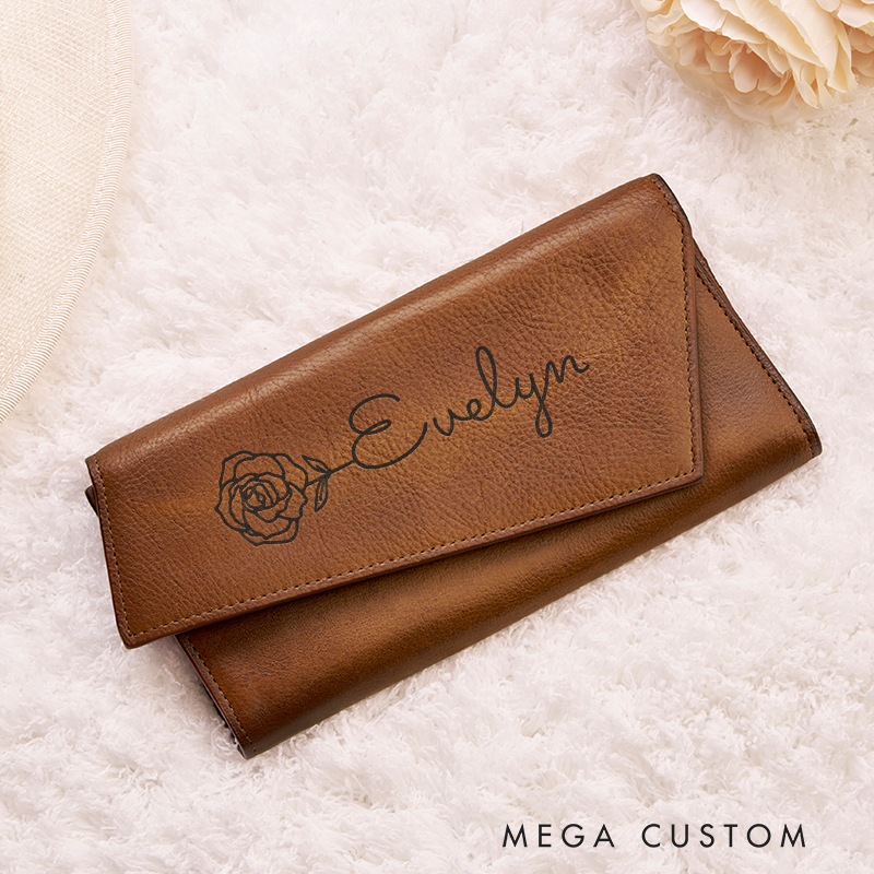 Personalized Leather Wallet for Women Birth Flower Leather Wallet Engraved Leather Wallet with Name Women Slim Wallet Clutch Purse Unique Gift for Her Birthday Gifts