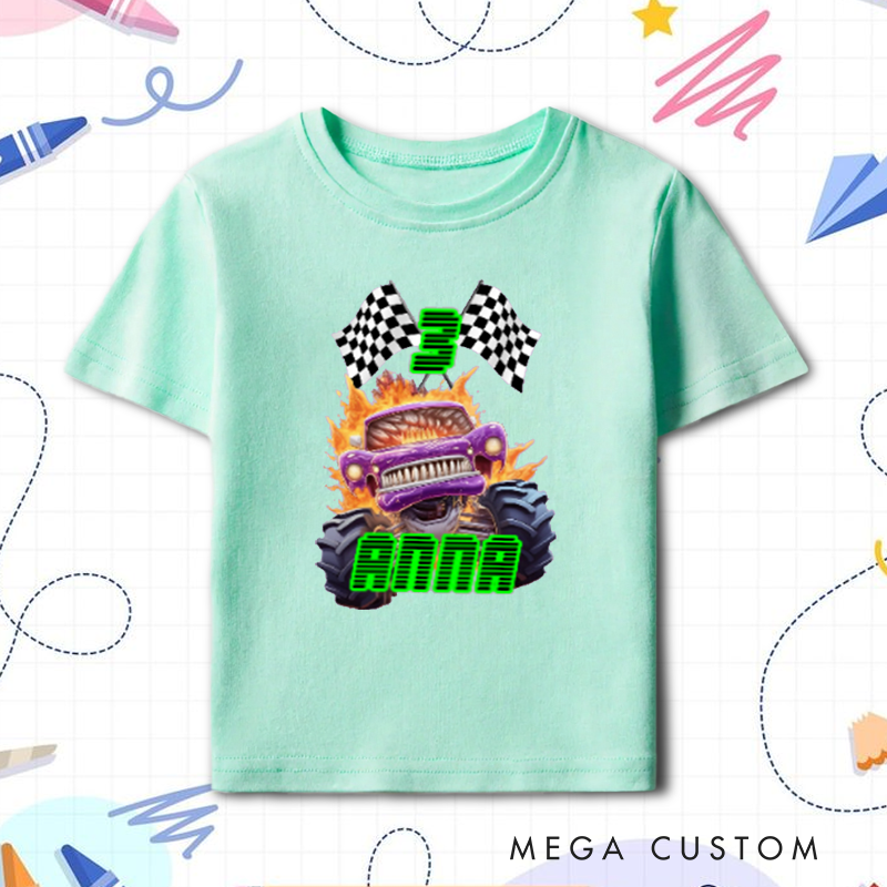 Personalized Big Wheel Off-Road Truck Multicolor Kid's Tshirt with Age and Name Birthday Christmas Gift for Kids