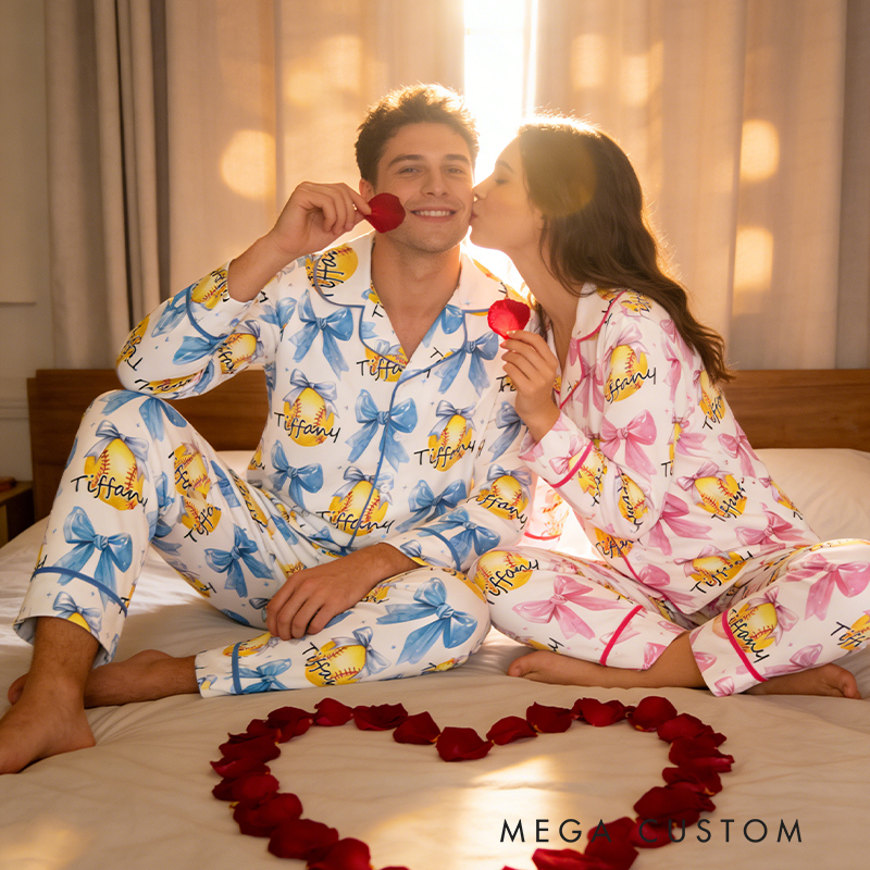 Personalized Couple Softball Pajamas with Custom Name and Romantic Design Gift for Anniversaries Valentine’s Day 