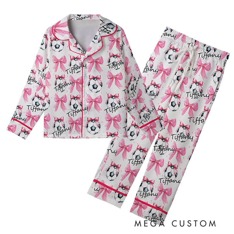 Personalized Couple Soccer Pajamas with Custom Name and Bow Design Gift for Anniversaries Valentine’s Day