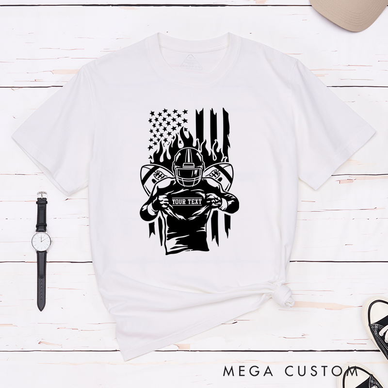 Personalized American Football Warrior T-Shirts Featuring Custom Text on the Front