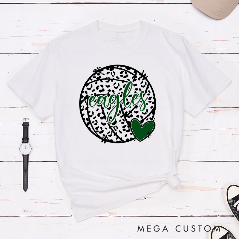 Personalized Volleyball Love and Leopard Print T-Shirts Featuring Your Team Name