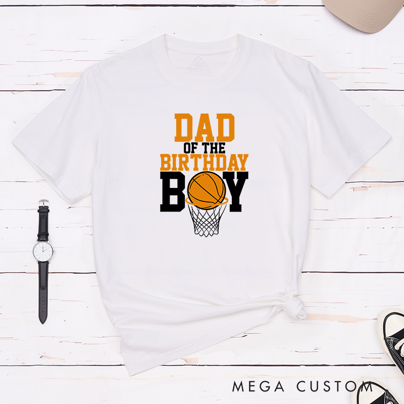 Personalized Family Basketball Birthday T-Shirts with Customizable Titles for Dad, Mom, Brother, Sister, and More Featuring Bold Typography and Basketball Hoop Graphic Design