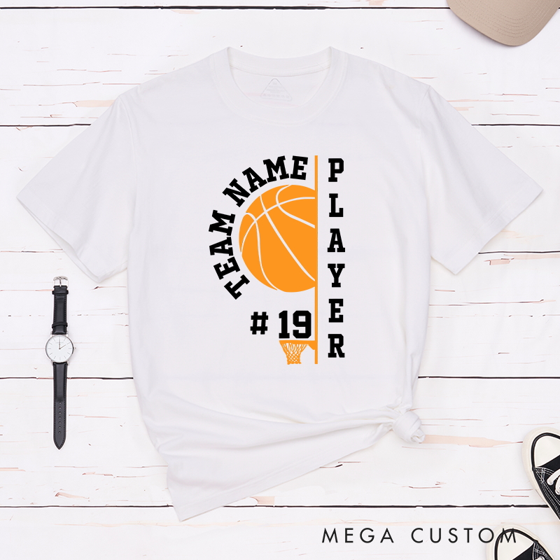 Personalized Basketball T-Shirt with Customizable Team Name, Player Name, Jersey Number, Bold Basketball Graphic, and Modern Vertical Typography Design