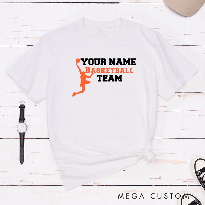 Personalized Basketball Team T-Shirt Design Featuring Custom Name Bold Text and Dynamic Player Silhouette Graphic