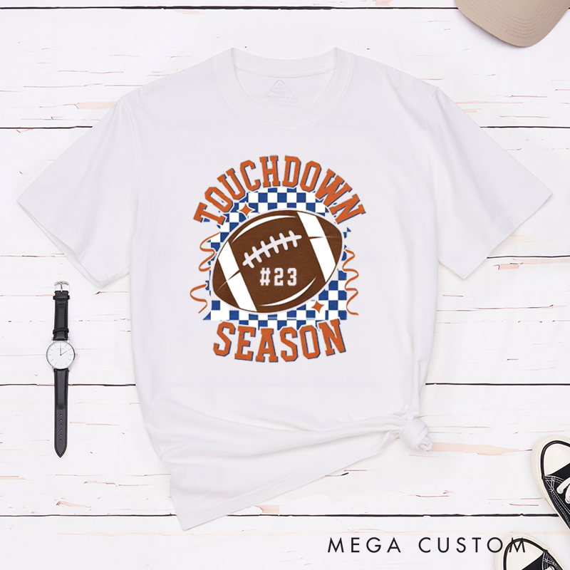 Personalized American Football and Rugby Touchdown Season T-Shirts Featuring Custom Number