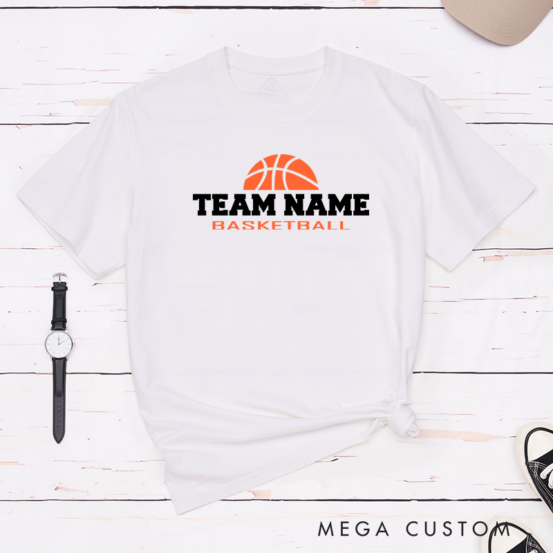 Personalized Basketball Team T-Shirt Design Showcasing Bold Team Name Text and a Striking Orange Basketball Graphic for a Sporty and Dynamic Look
