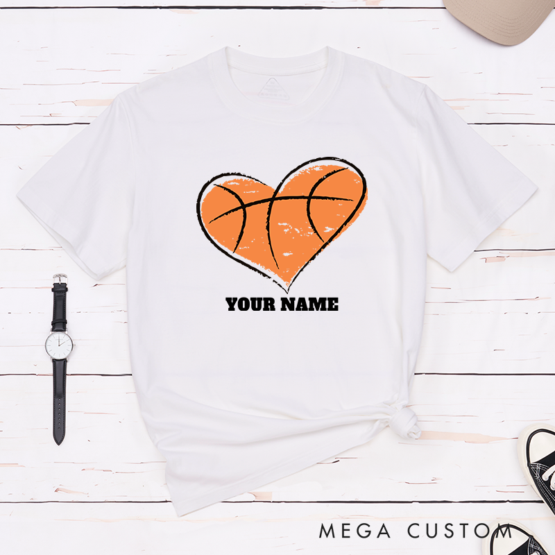 Personalized Basketball T-Shirt Design Featuring Heart Shaped Basketball Graphic Customizable Name Bold Text and Distressed Artistic Style