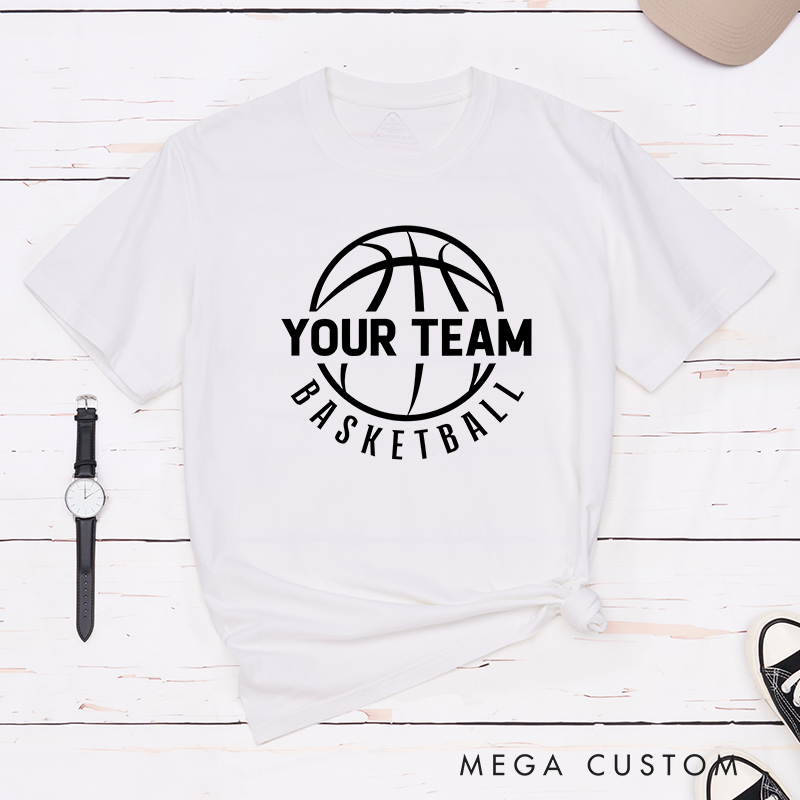 Personalized Basketball T-Shirt Design Showcasing Custom Team Name Sleek Basketball Outline and Dynamic Curved Text Layout