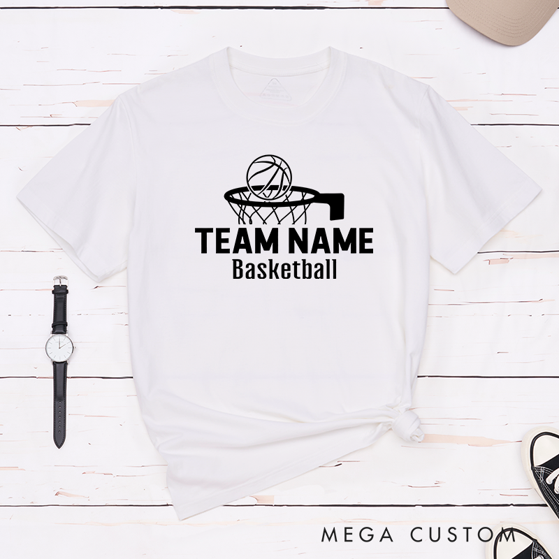 Personalized Basketball T-Shirt Design Showcasing Custom Team Name Bold Basketball Hoop Graphic Dynamic Ball Illustration and Clean Text Layout