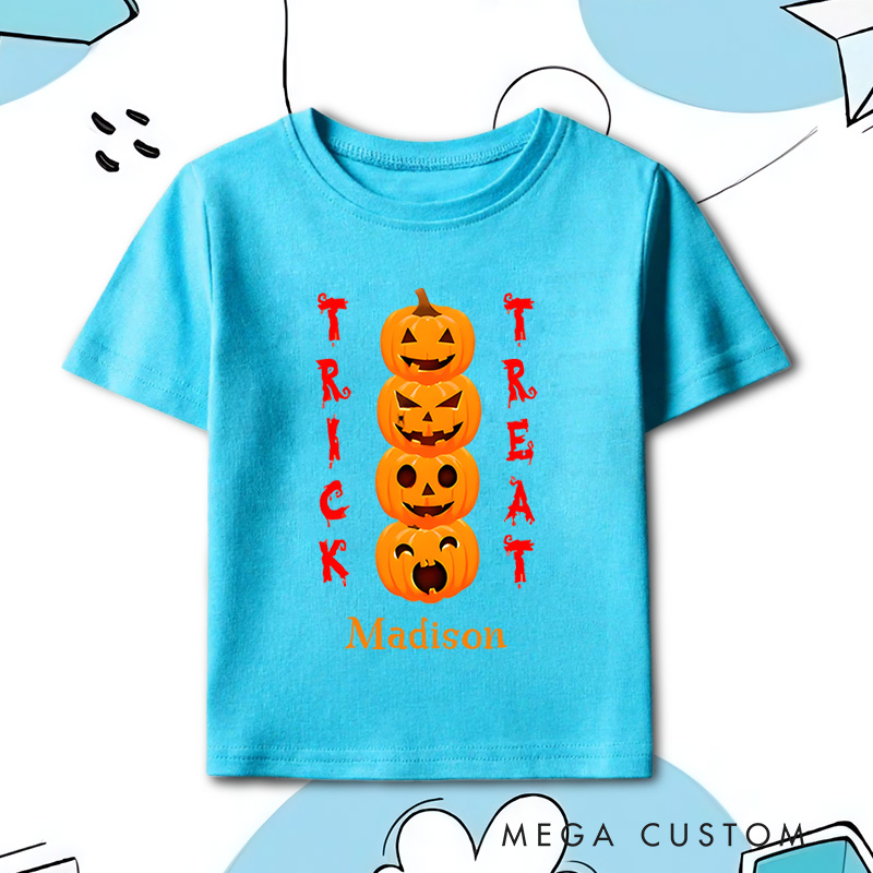 Personalized Trick or Treat Pumpkin Tower Halloween Shirt for Kids Perfect for Fun and Colorful Seasonal Celebrations Kids T-Shirt