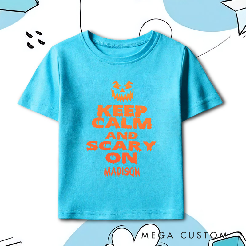 Personalized Keep Calm and Scary On Halloween Shirt for Kids Perfect for Adding Humor and Festive Fun Kids T-Shirt