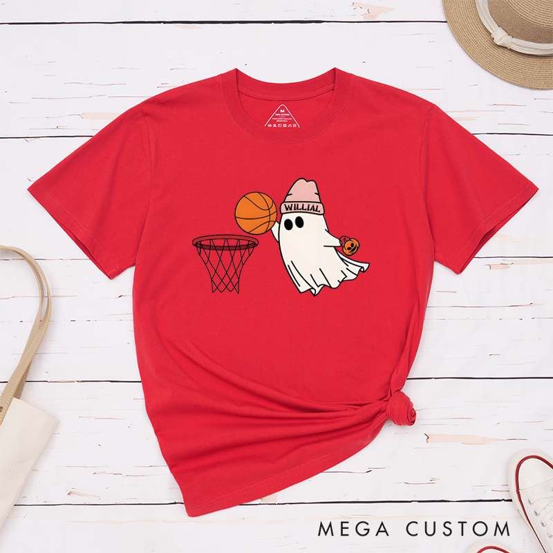 Personalized Halloween Basketball T-Shirt with Cute Ghost, Pumpkin, and Custom Name Design