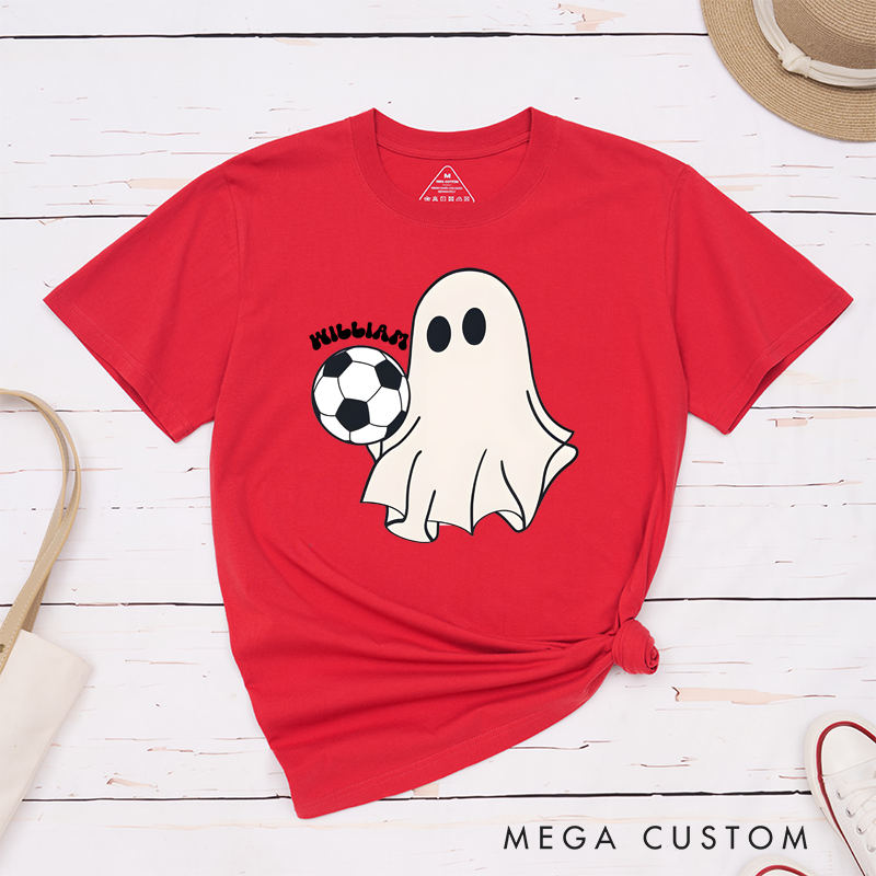 Personalized Halloween Soccer T-Shirt with Cute Ghost, Soccer Ball, and Custom Name Design