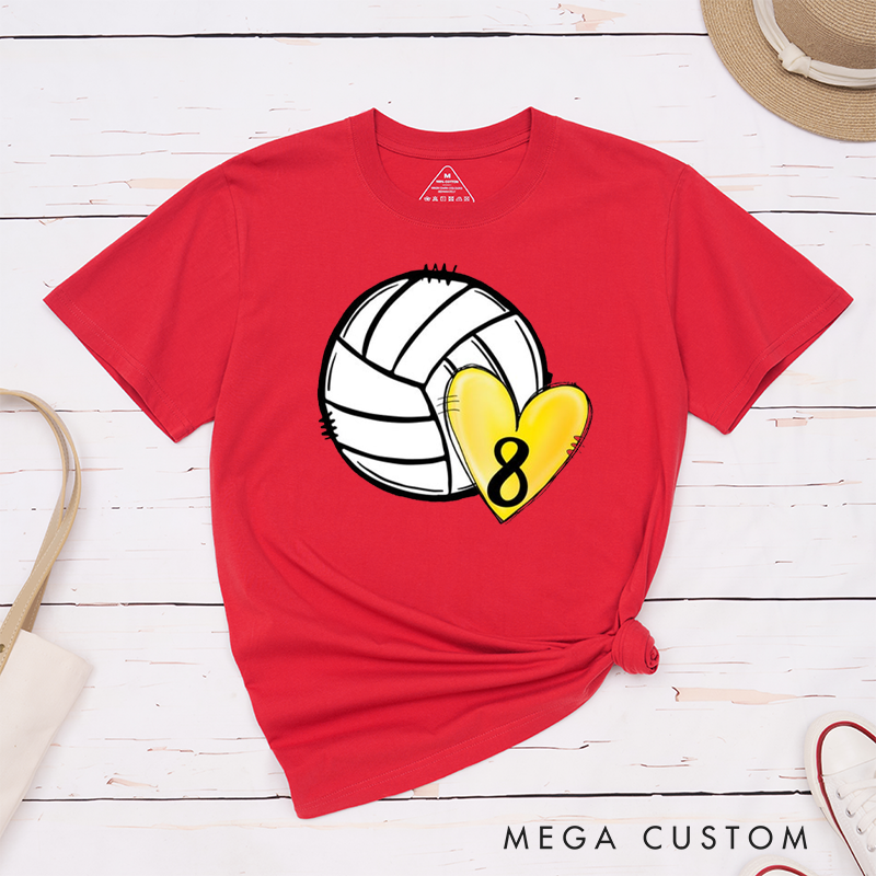 Personalized Volleyball T-Shirts with Colorful Heart Designs Featuring Your Number