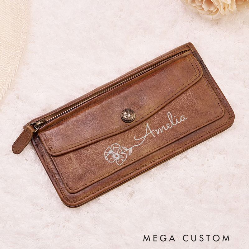 [Copy]Personalized Leather Wallet For Her Birth Flower Wallet with Name Engraved Wallet For Women Leather Purse Birthday Gift For Her