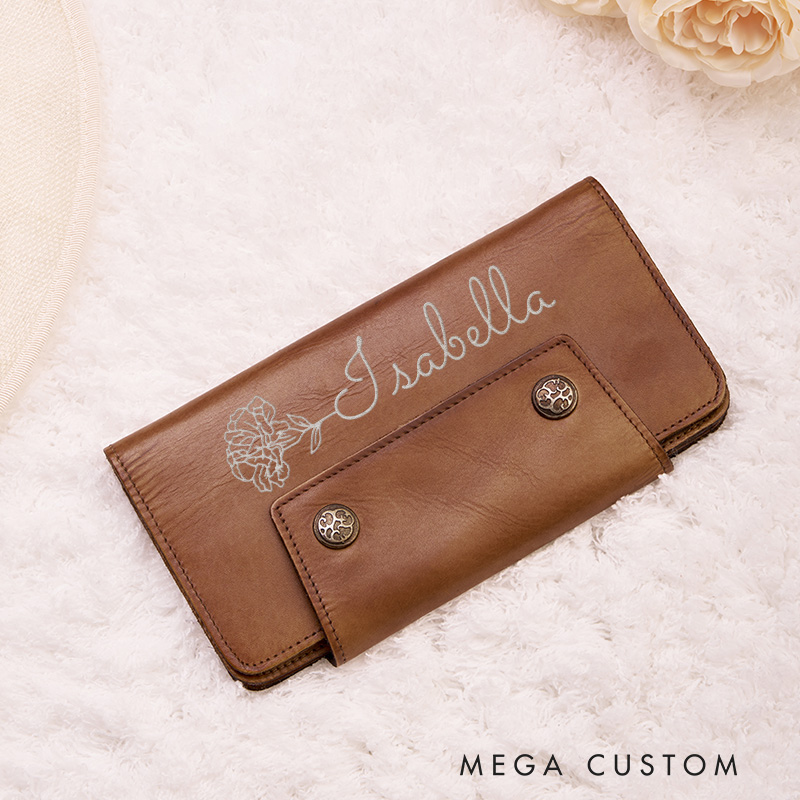 Personalized Birth Flower Leather Wallet Engraved Women Leather Wallet Leather Gift for Her Unique Gift for Her Birthday Gifts