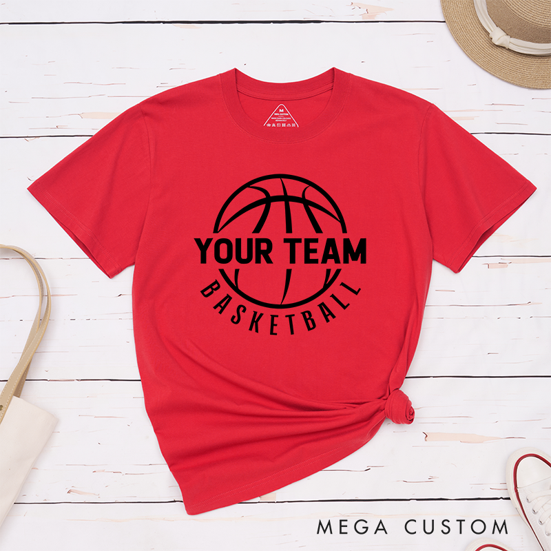 Personalized Basketball T-Shirt Design Showcasing Custom Team Name Sleek Basketball Outline and Dynamic Curved Text Layout