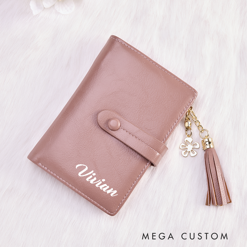 Personalized Leather Wallet with Tassel Custom Leather Wallet for Her Name Pause Leather Wallet With Zipper Purse Wallet Unique Gift for Her Birthday Gifts