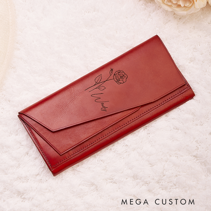 Personalized Women Leather Wallet Birth Flower Women Wallet Engraved Leather Wallet Leather Purse Birth Flower Monogram Wallet Women's Purse Gift For Her Gift For Mother Birthday Gift
