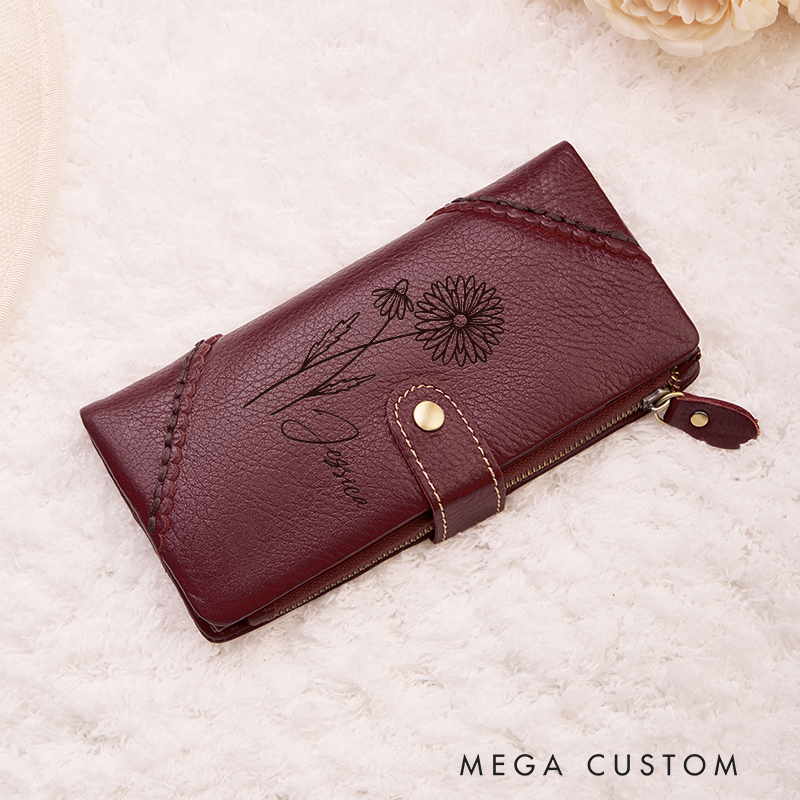 Personalized Leather Wallet For Her Birth Flower Wallet with Name Engraved Wallet For Women Leather Purse Birthday Gift For Her Gift For Mother Bridesmaid Gift Christmas Gift