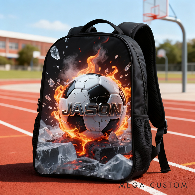 Personalized Soccer Backpack with Fiery Design and Custom Name for Kids and Soccer Lovers Black to School Gift 