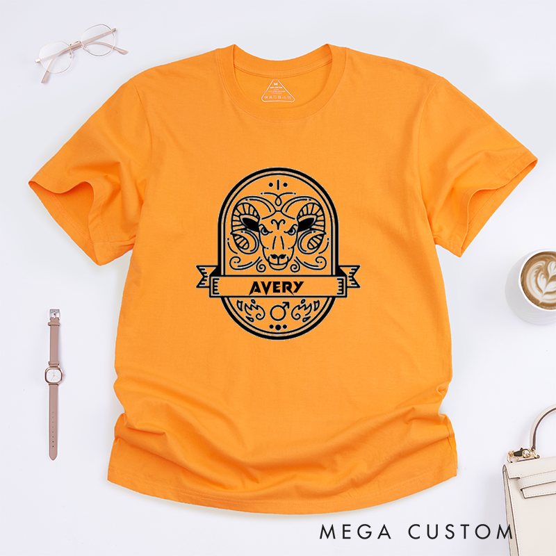 Personalized Aries Zodiac Sign Classic T-Shirts Unique Horoscope Astrology Gifts for Him and Her Custom Name Avery Birthday Gift for Astrology Lovers