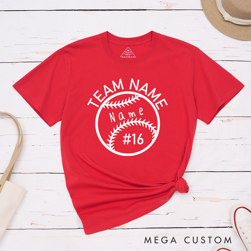 Personalized Softball T-Shirt Design Featuring Custom Team Name Player Name and Jersey Number Inside a Bold Softball Graphic