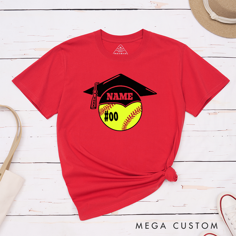 Personalized Graduation Softball T-Shirt Design Featuring Custom Name Player Number Graduation Cap and Bat Graphic