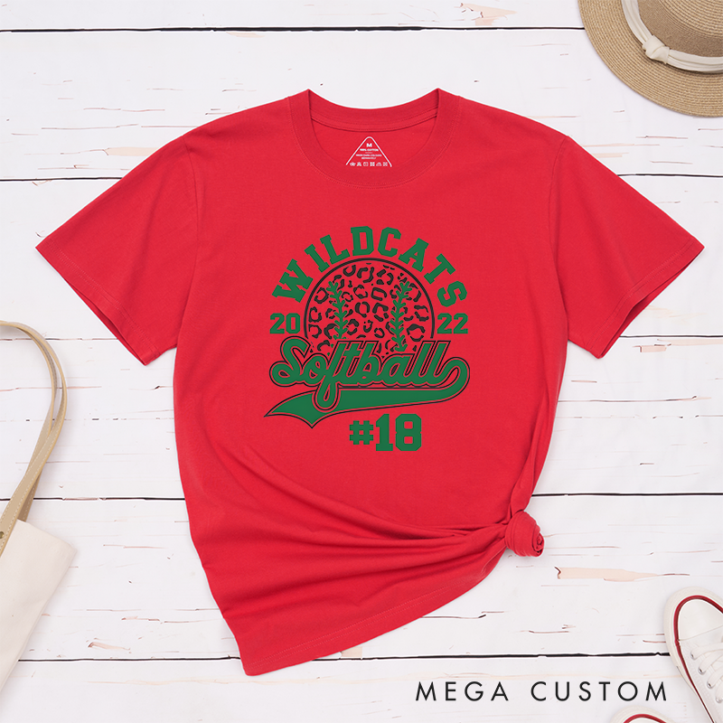 Personalized Customizable Softball Team T-Shirt Design Featuring Bold Arched Team Name Leopard Print Softball Graphic Stylized Script Text for Softball and Custom Player Number
