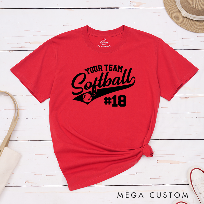 Personalized Softball Team T-Shirt Design Featuring Customizable Team Name Elegant Script Softball Text Dynamic Swoosh Element Baseball Graphic and Custom Player Number
