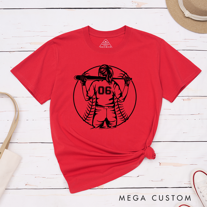 Personalized Softball Player T-Shirt Design Featuring a Back View of a Batter Holding a Bat Customizable Jersey Number and Bold Softball Stitching Graphic in the Background