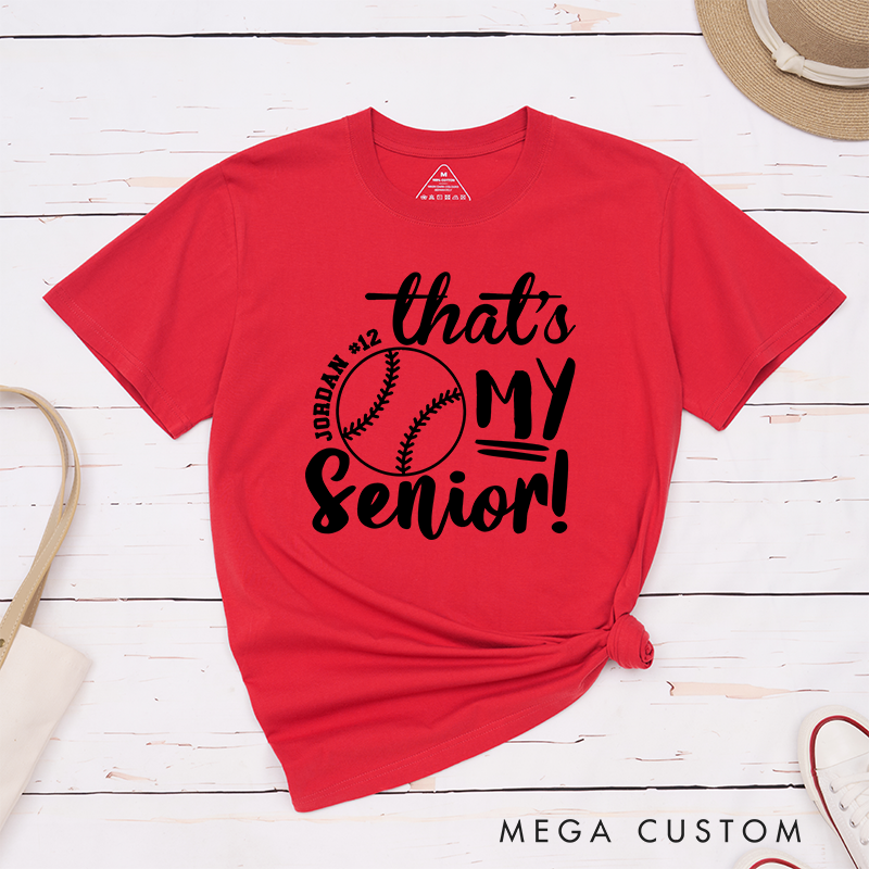 Personalized Senior Softball Spirit T-Shirt Design Perfect for School Teams Featuring Custom Name Number and Bold Text with a Softball Graphic
