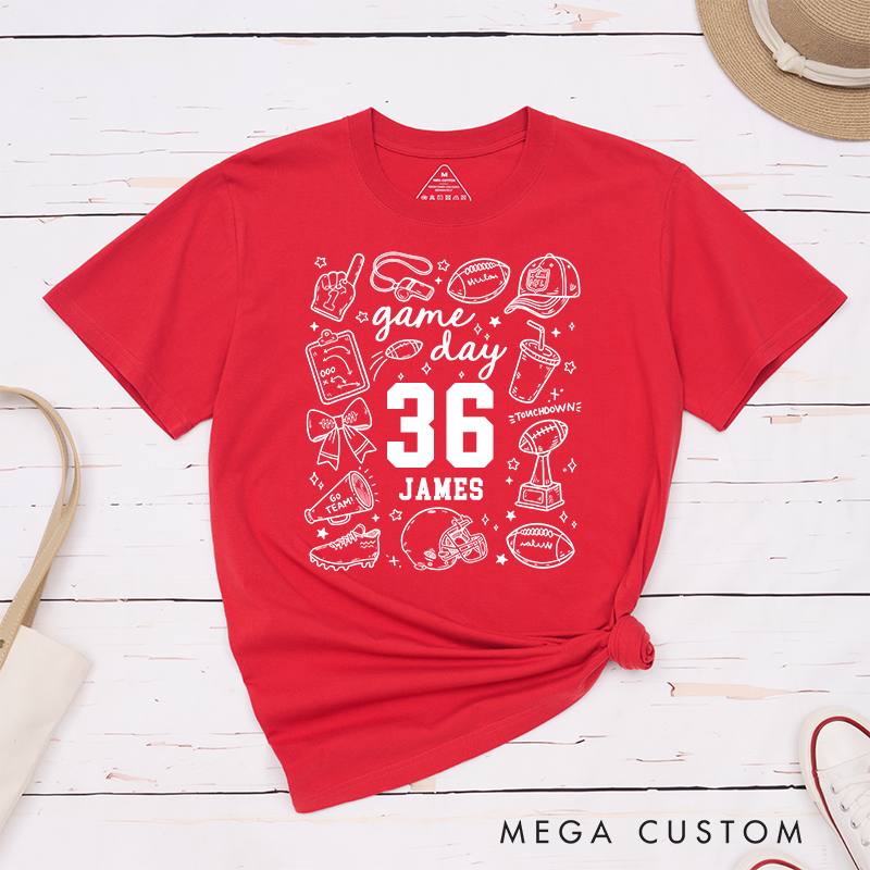 Personalized Game Day American Football T-Shirts with Fun Icon Collage Custom Team Name on the Back