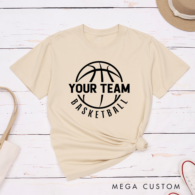 Personalized Basketball T-Shirt Design Showcasing Custom Team Name Sleek Basketball Outline and Dynamic Curved Text Layout