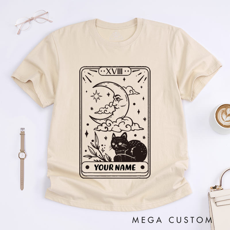 Personalized Tarot Lovers Classic T-Shirts The Moon Tarot Card Cat Meow T-Shirt Gift for Cat Lovers 