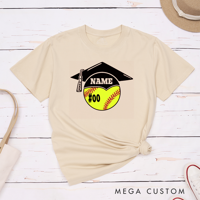 Personalized Graduation Softball T-Shirt Design Featuring Custom Name Player Number Graduation Cap and Bat Graphic