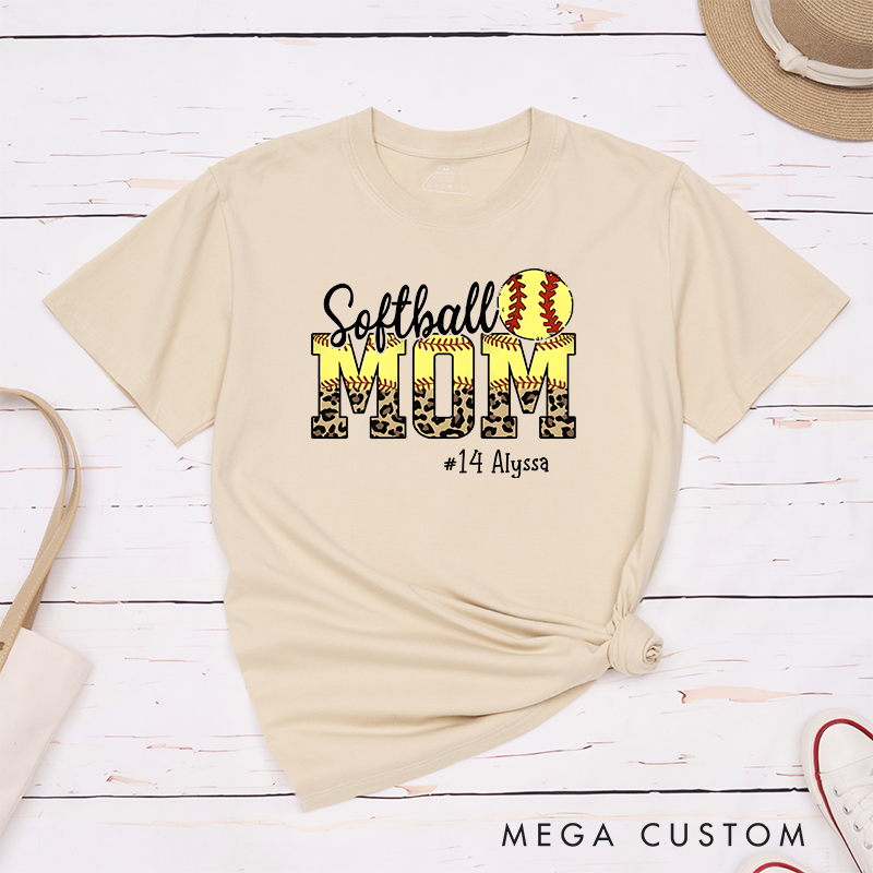 Personalized Softball Mom T-Shirt Design Featuring Leopard Print Bold Text Softball Graphic and Custom Player Name and Number