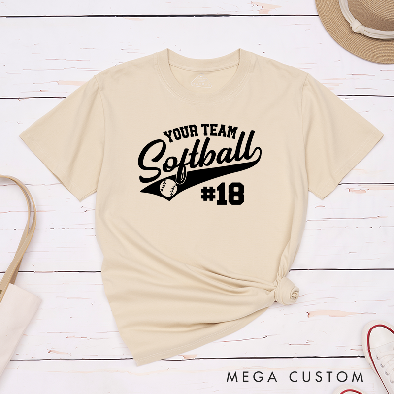 Personalized Softball Team T-Shirt Design Featuring Customizable Team Name Elegant Script Softball Text Dynamic Swoosh Element Baseball Graphic and Custom Player Number