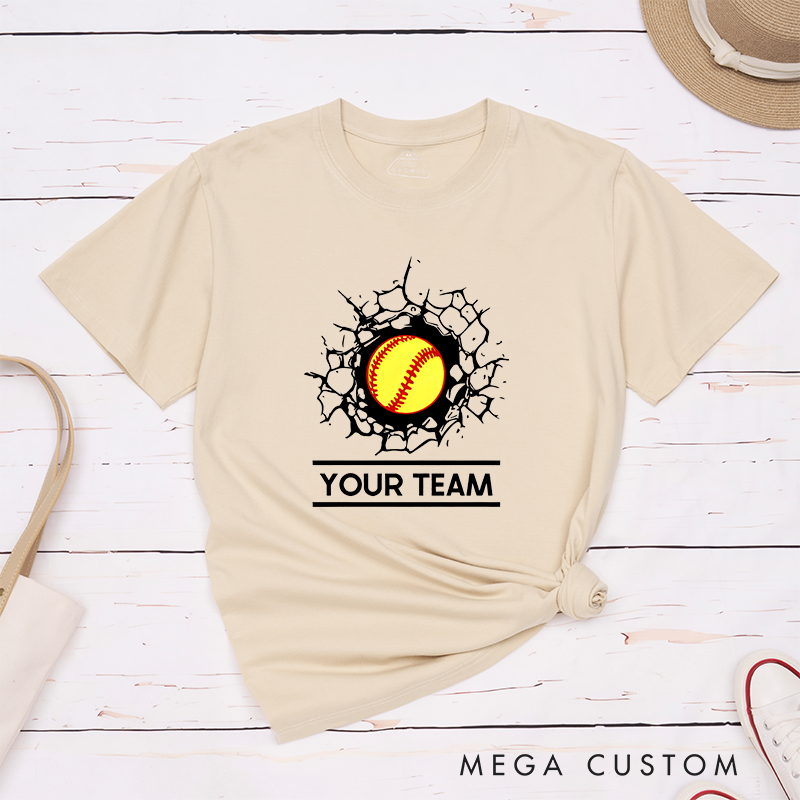 Personalized Softball Team T-Shirt Design Featuring Customizable Team Name Bold Softball Graphic and Dynamic Cracked Wall Effect