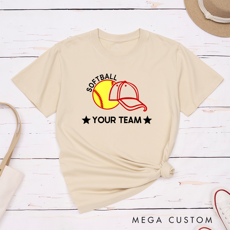 Personalized Softball Team T-Shirt Design Featuring Customizable Team Name Bold Softball Graphic and Baseball Cap Element
