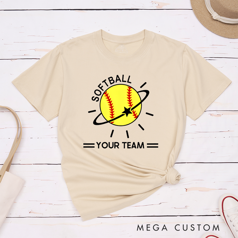 Personalized Softball Team T-Shirt Design Featuring Customizable Team Name Vibrant Softball Graphic with Orbiting Star and Radiating Lines